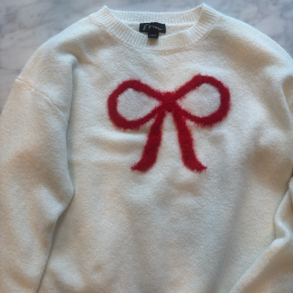 Cream Sweater with Red Bow